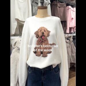 Hollister Women's Cream Sweater with Dog